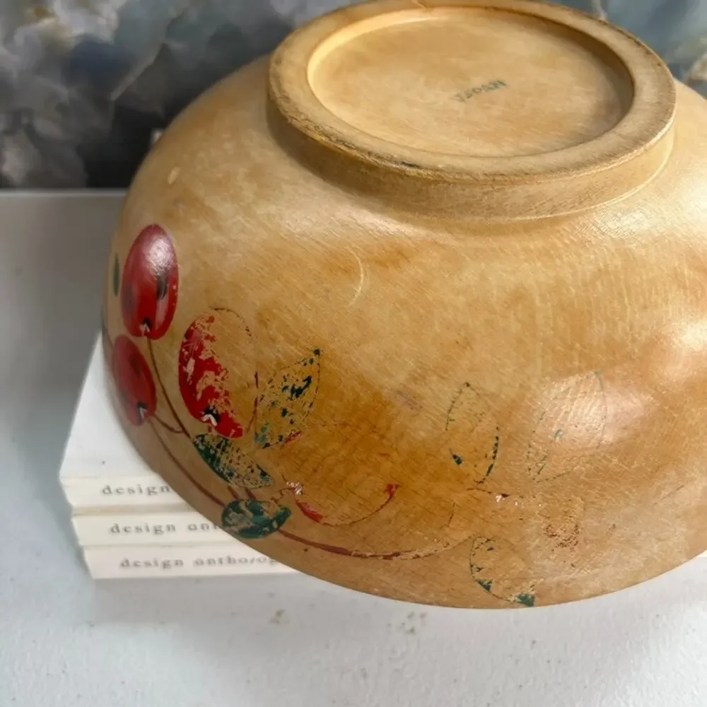 Vintage Hand Painted Wooden Dough Bowl Cherry Motif Japan Hand Turned 9 3/4